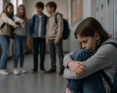 Elev sitter ensam i skolan medan andra elever står tillsammans och pekar.
